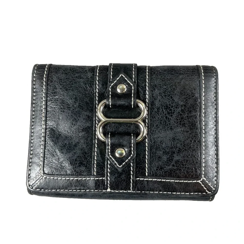 Vintage Isabella Fiore Black Leather Wallet Y2K Silver Buckle Trifold